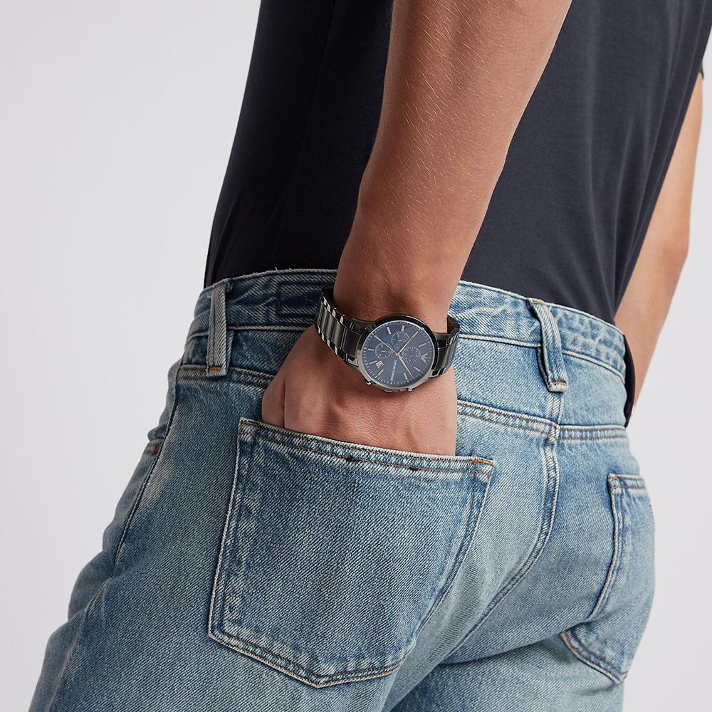 Emporio Armani AR11215 Chronograph Blue Dial Gunmetal Strap Men's Watch - WATCH & WATCH