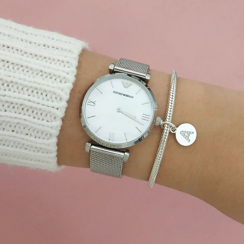 Emporio Armani AR1955 Mother Of Pearl Mesh Bracelet Ladies Watch - WATCH & WATCH